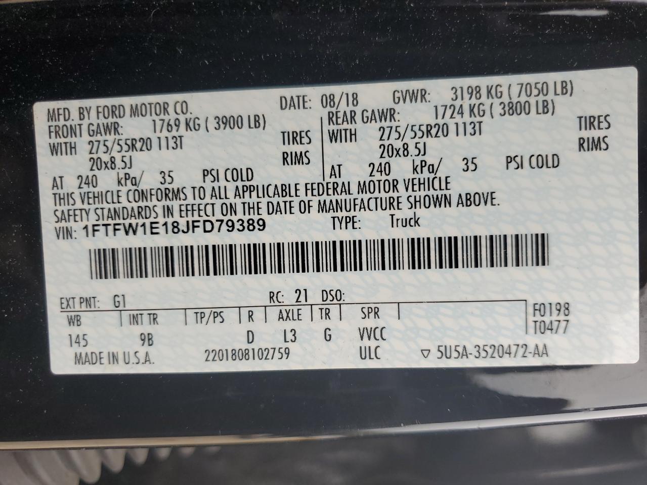 2018 Ford F-150 VIN 1FTFW1E18JFD79389 Copart auction photo, front end damage thumbnail 14