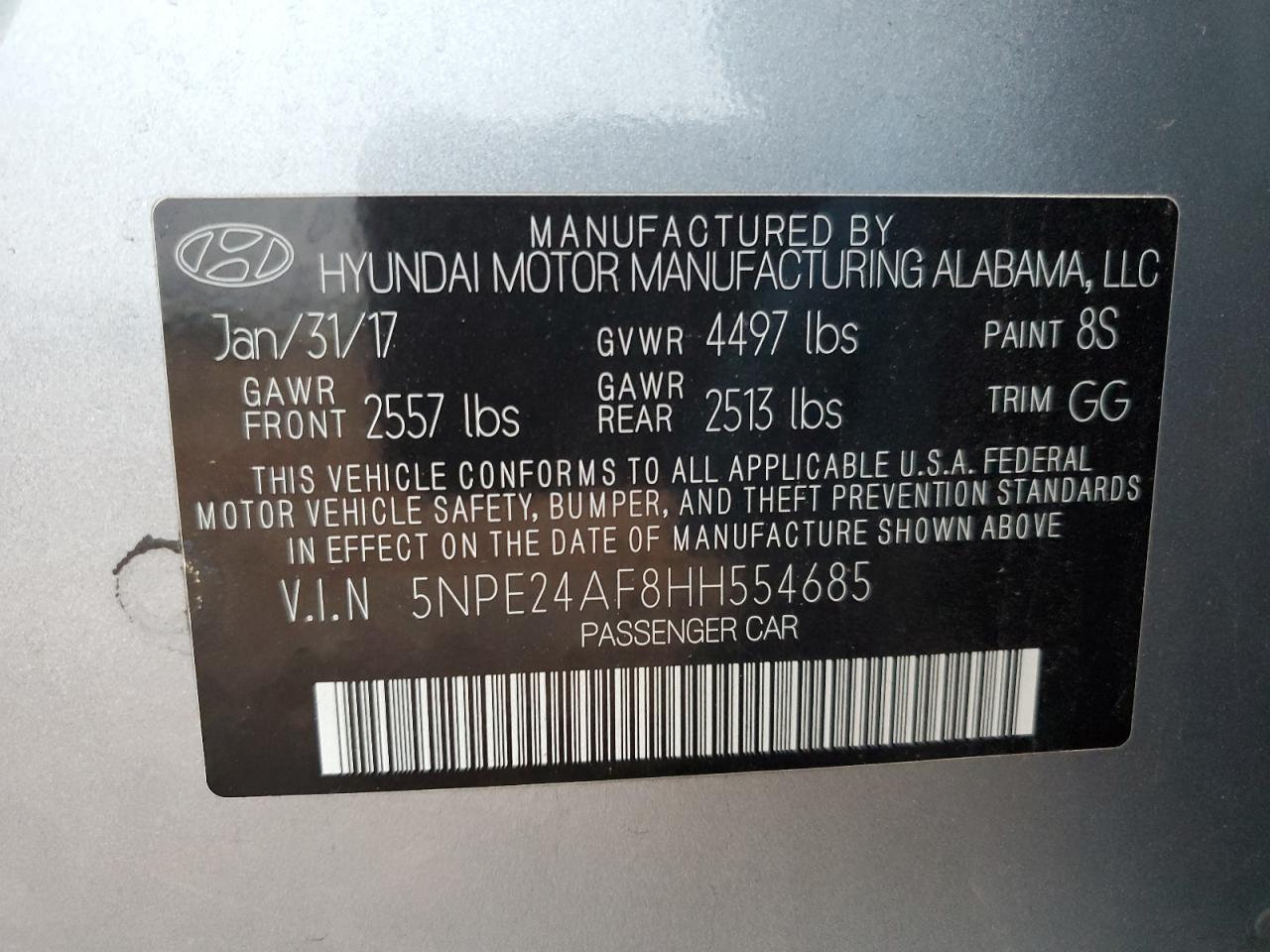 2017 Hyundai Sonata VIN 5NPE24AF8HH554685 Copart auction photo, front end / rear end damage thumbnail 13