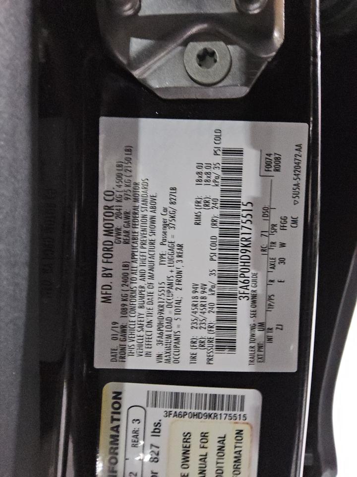 2019 Ford Fusion VIN 3FA6P0HD9KR175515 Copart auction photo, mechanical damage thumbnail 12