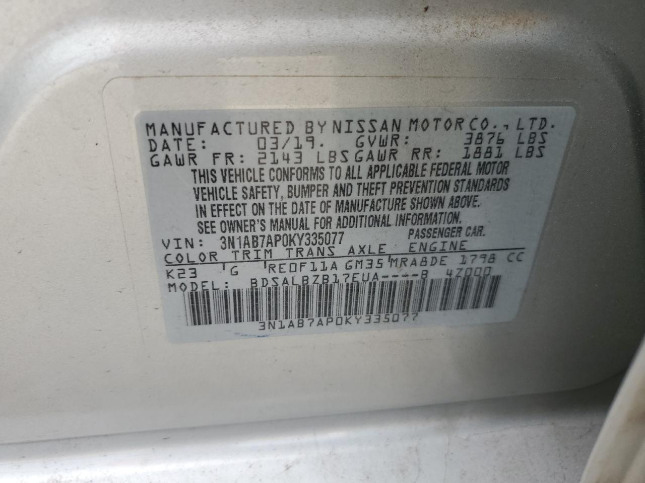2019 Nissan Sentra VIN 3N1AB7AP0KY335077 Copart auction photo, all over damage thumbnail 12