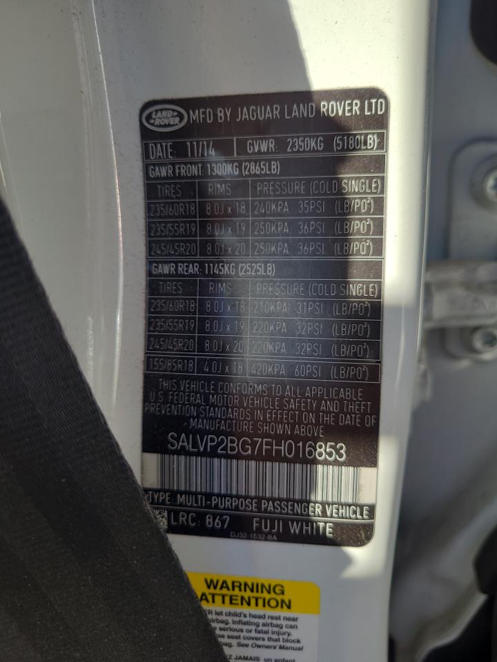 2015 Land Rover Range Rover VIN SALVP2BG7FH016853 Copart auction photo, rollover damage thumbnail 15