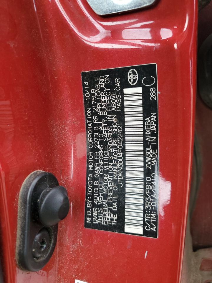 2015 Toyota Prius VIN JTDKN3DU4F0422421 Copart auction photo, all over damage thumbnail 14