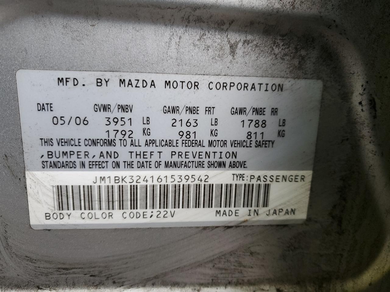 2006 Mazda 3 VIN JM1BK324161539542 Copart auction photo, front end / side damage thumbnail 13