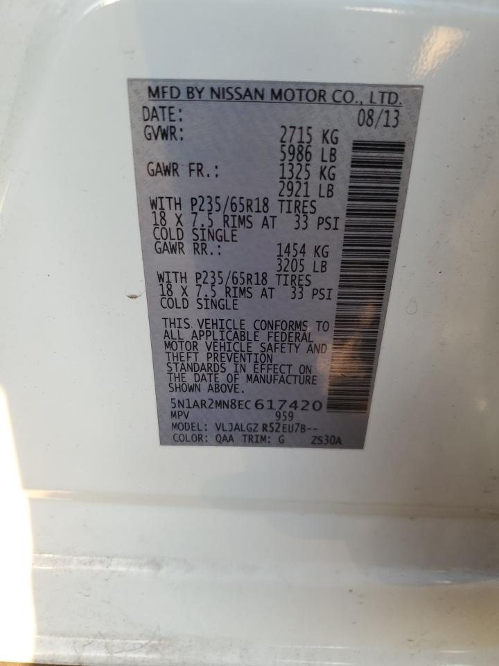 2014 Nissan Pathfinder VIN 5N1AR2MN8EC617420 Copart auction photo, rear end damage thumbnail 13