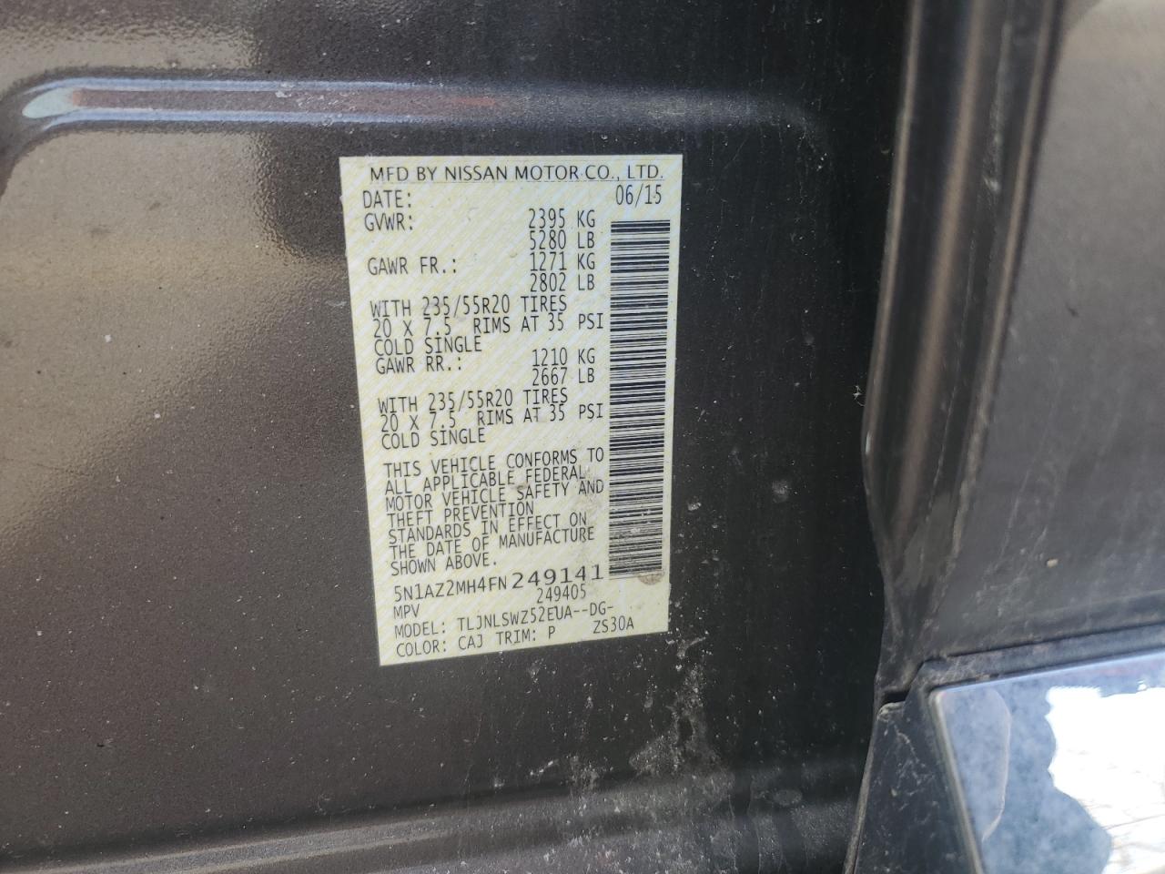 2015 Nissan Murano VIN 5N1AZ2MH4FN249141 Copart auction photo, rear end damage thumbnail 13
