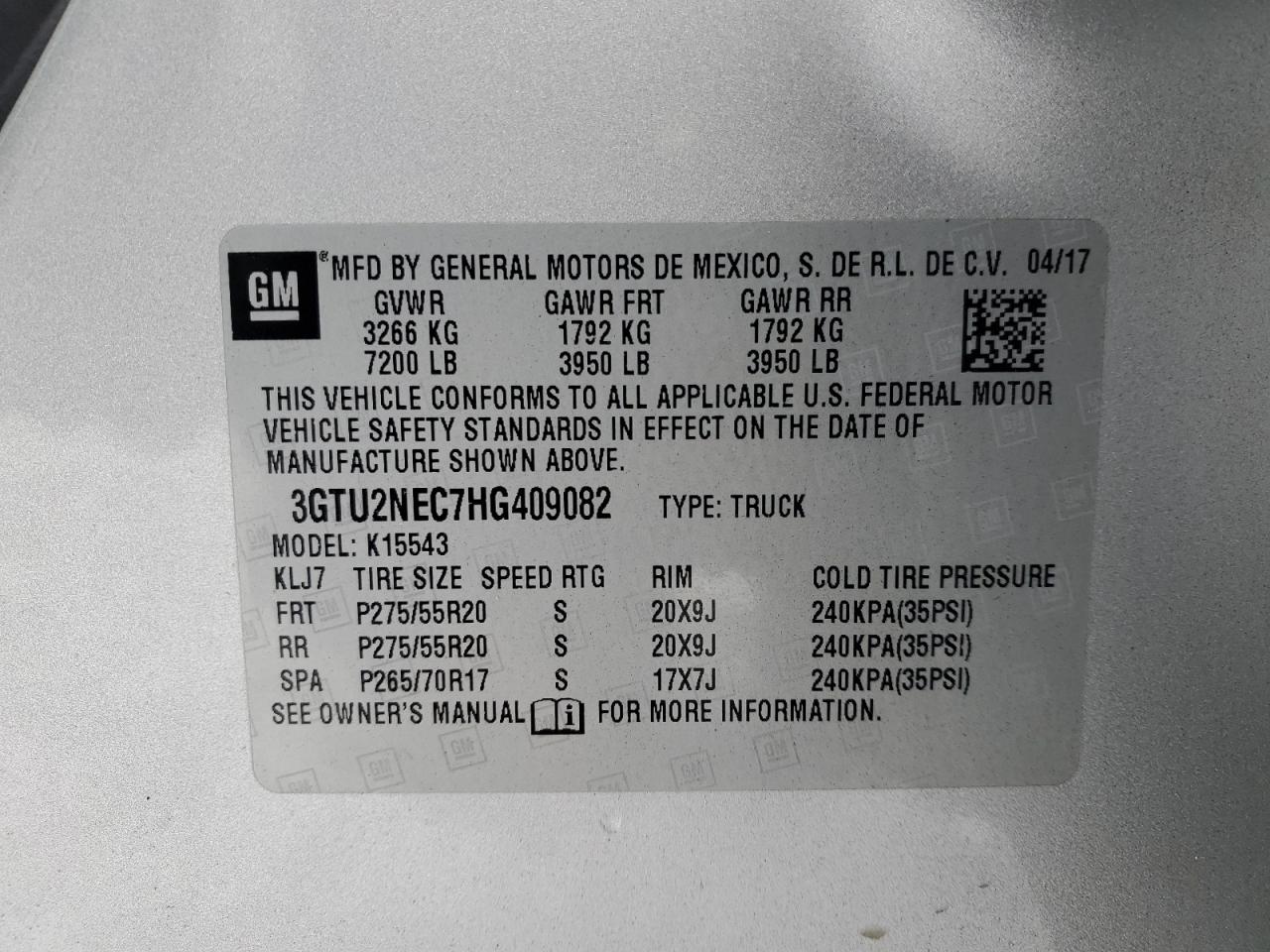 2017 GMC Sierra VIN 3GTU2NEC7HG409082 Copart auction photo, front end damage thumbnail 14