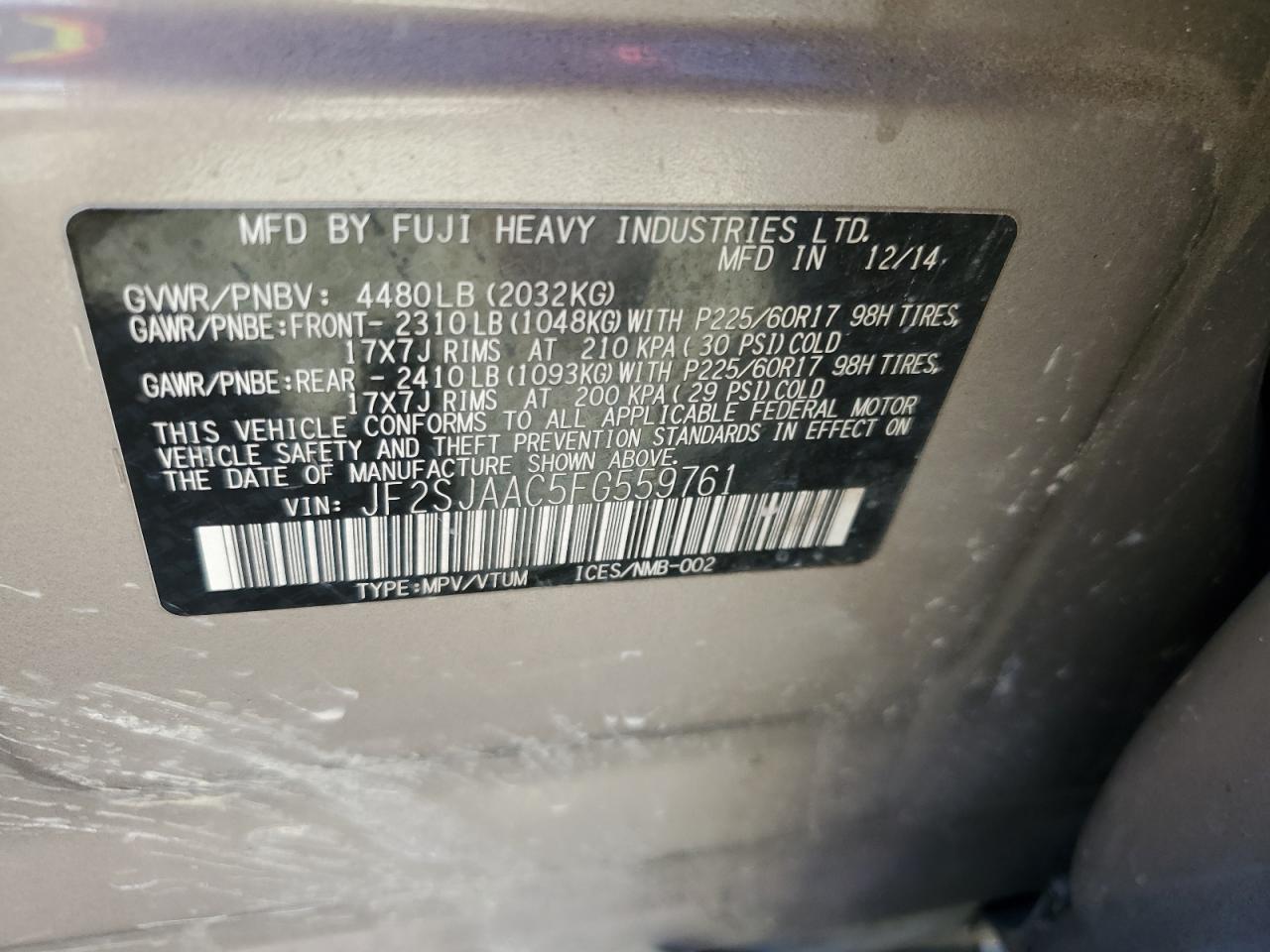2015 Subaru Forester VIN JF2SJAAC5FG559761 Copart auction photo, front end / minor dent/scratches damage thumbnail 12