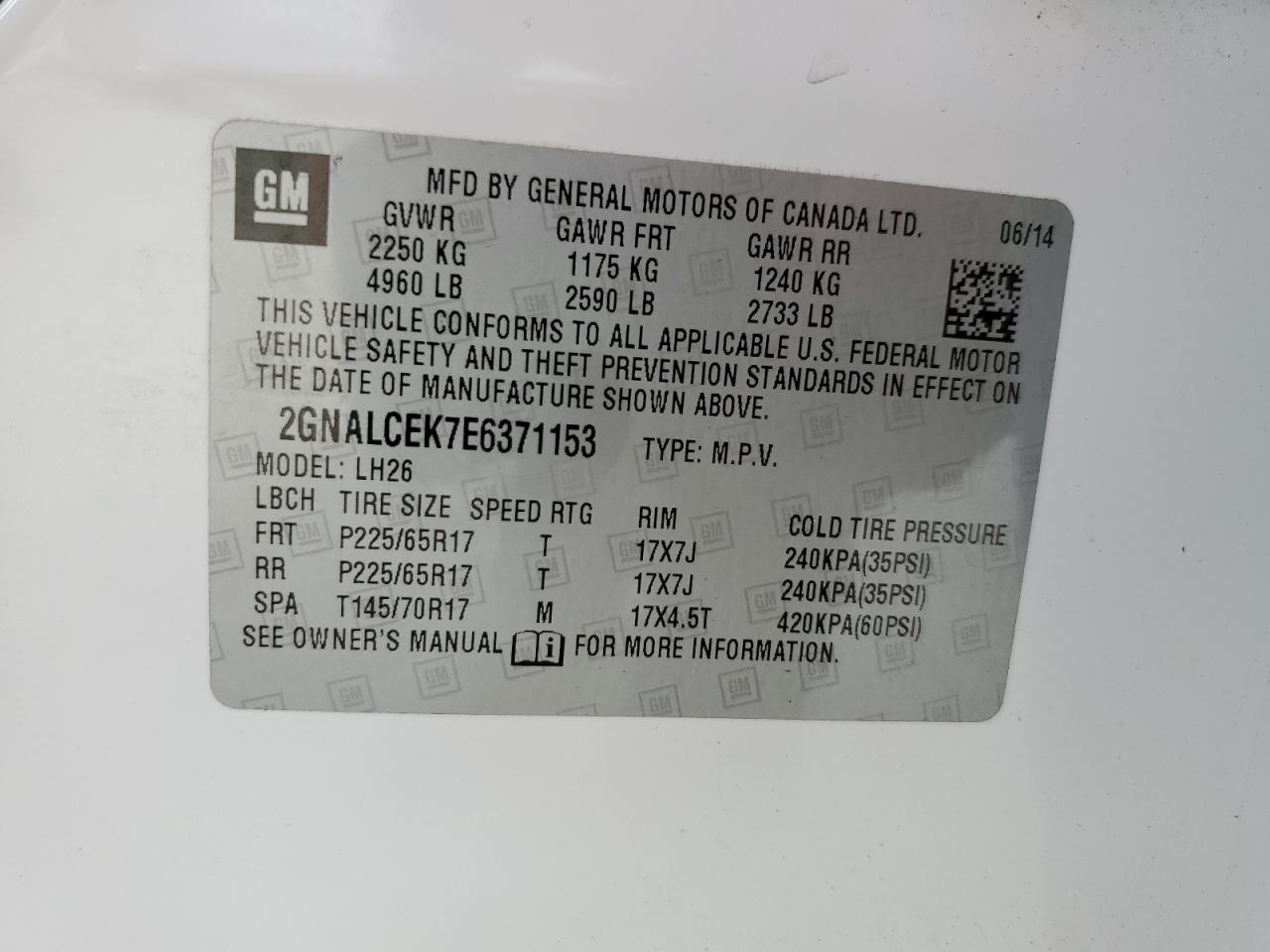 2014 Chevrolet Equinox VIN 2GNALCEK7E6371153 Copart auction photo, front end / side damage thumbnail 13