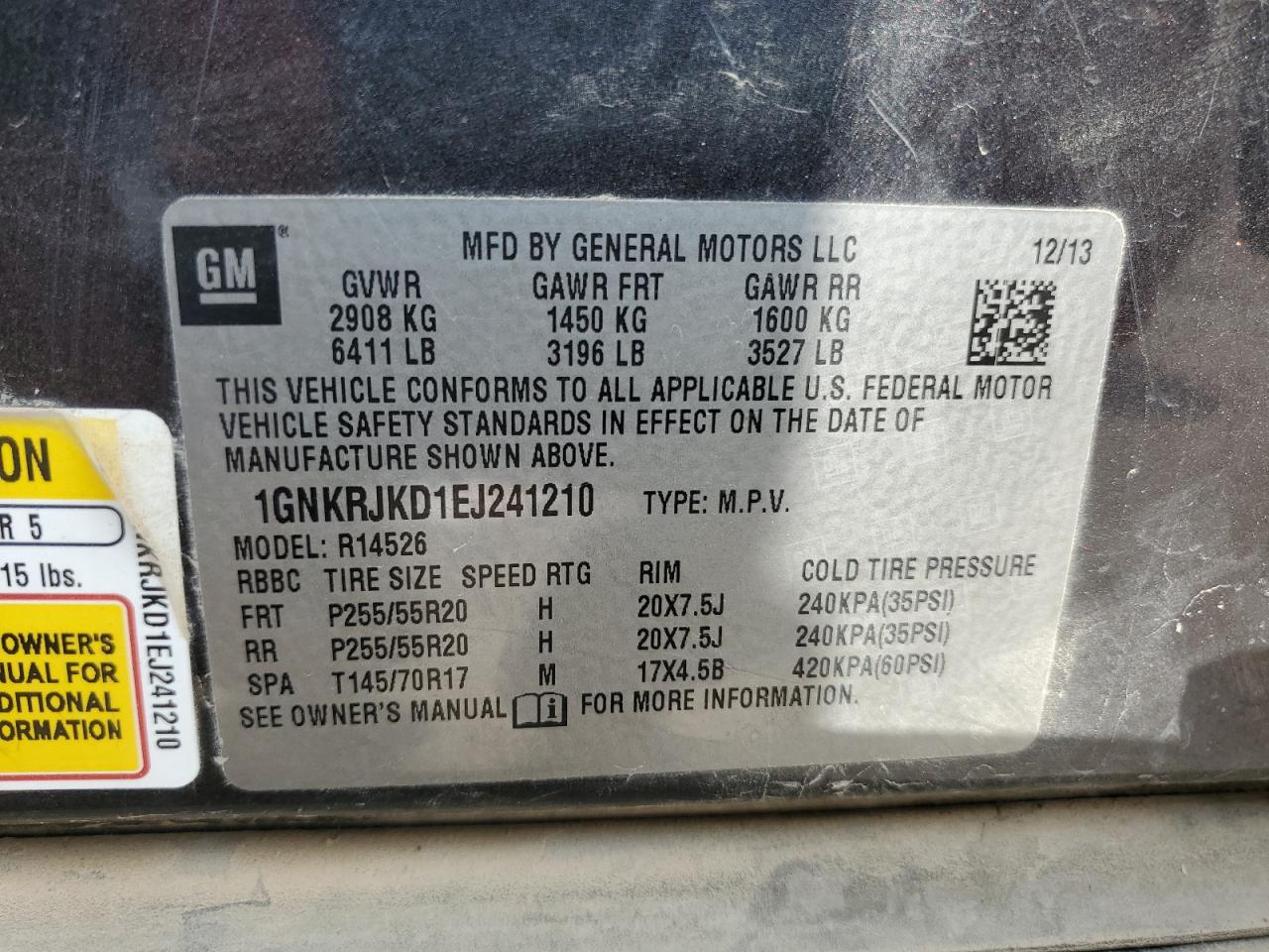 2014 Chevrolet Traverse VIN 1GNKRJKD1EJ241210 Copart auction photo, rear end damage thumbnail 14