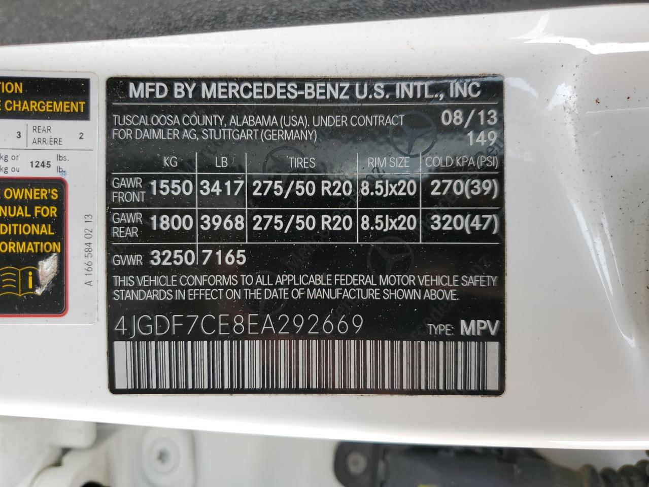 2014 Mercedes-Benz GL-klasse VIN 4JGDF7CE8EA292669 Copart auction photo, side / front end damage thumbnail 13