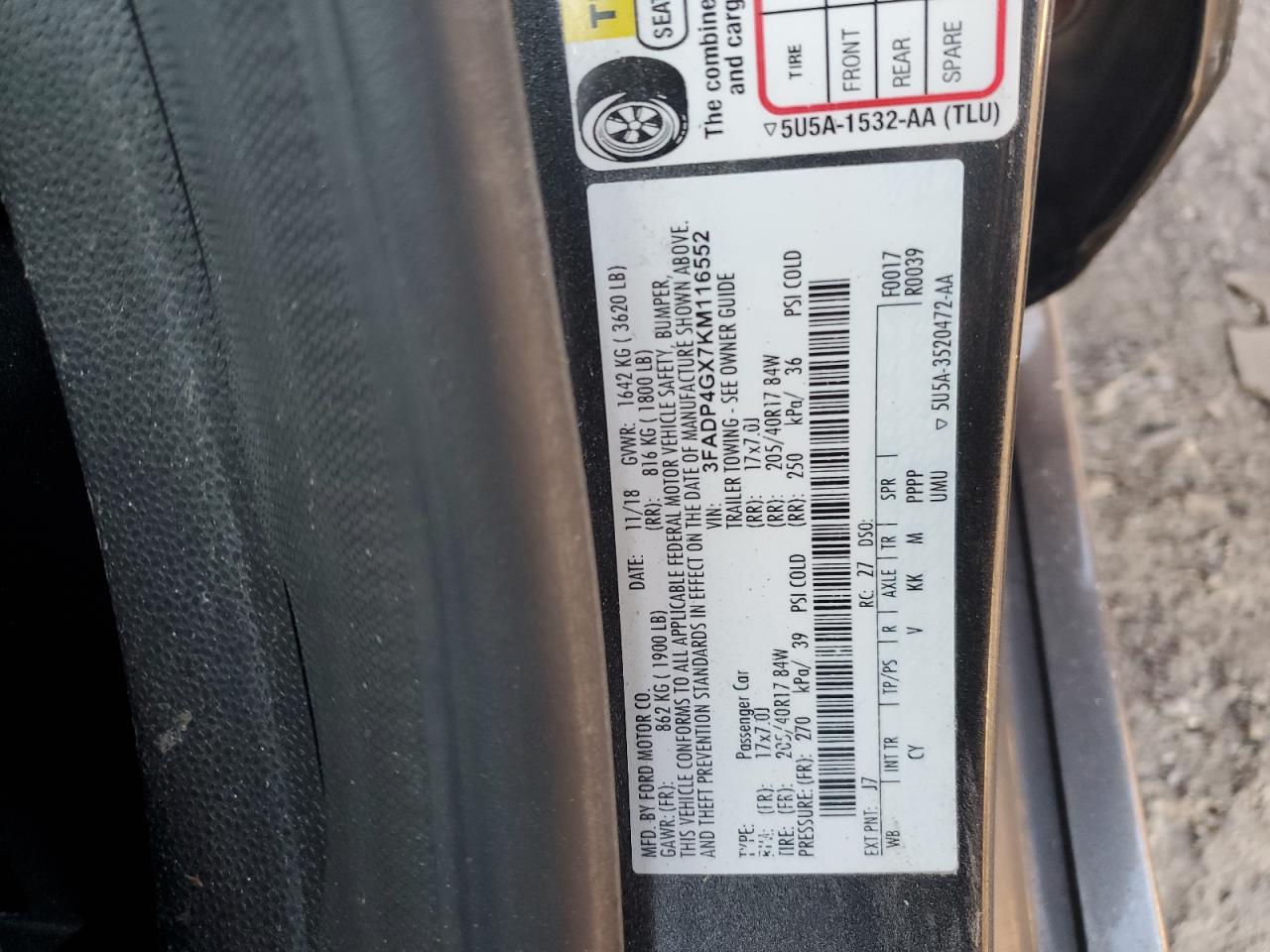 2019 Ford Fiesta VIN 3FADP4GX7KM116552 Copart auction photo, front end / side damage thumbnail 16