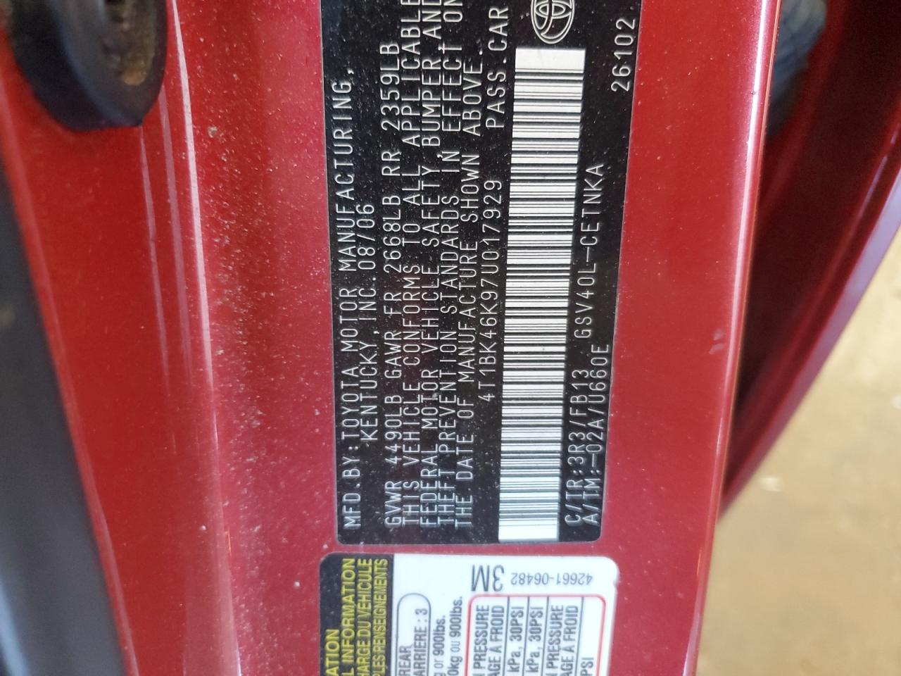 2007 Toyota Camry VIN 4T1BK46K97U017929 Copart auction photo, side damage thumbnail 12