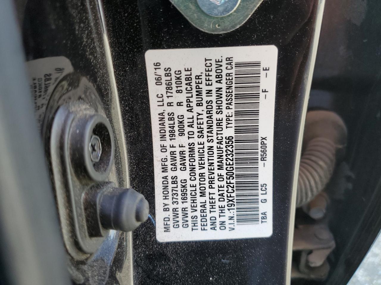 2016 Honda Civic VIN 19XFC2F50GE232356 Copart auction photo, front end damage thumbnail 15