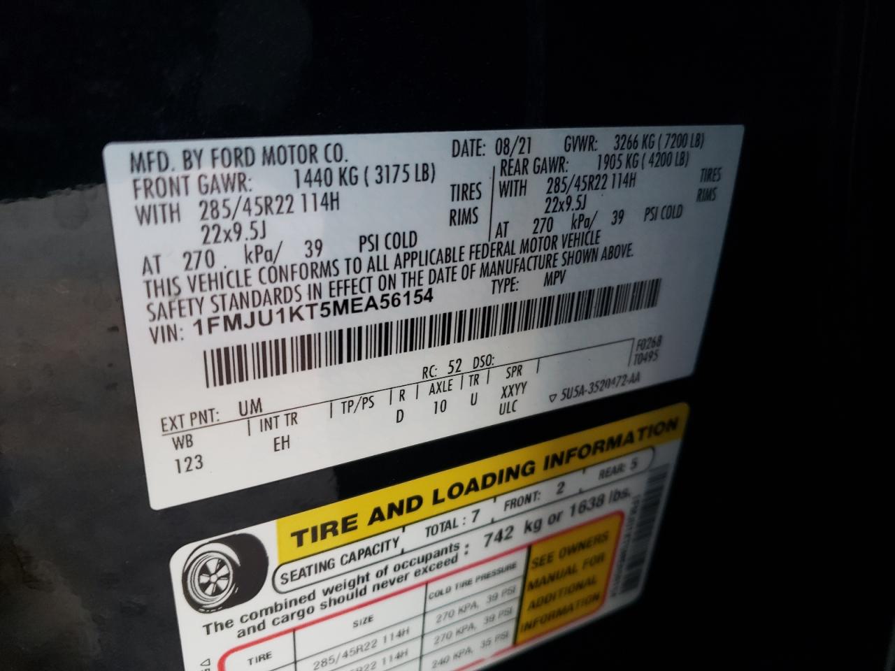 2021 Ford Expedition VIN 1FMJU1KT5MEA56154 Copart auction photo, front end damage thumbnail 15