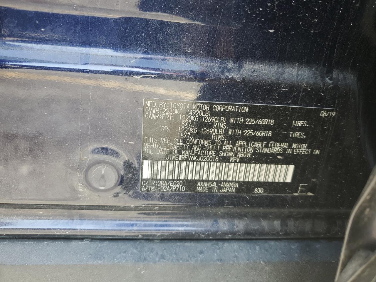 2019 Toyota RAV 4 VIN JTMEWRFV6KJ020018 Copart auction photo, rear end damage thumbnail 13