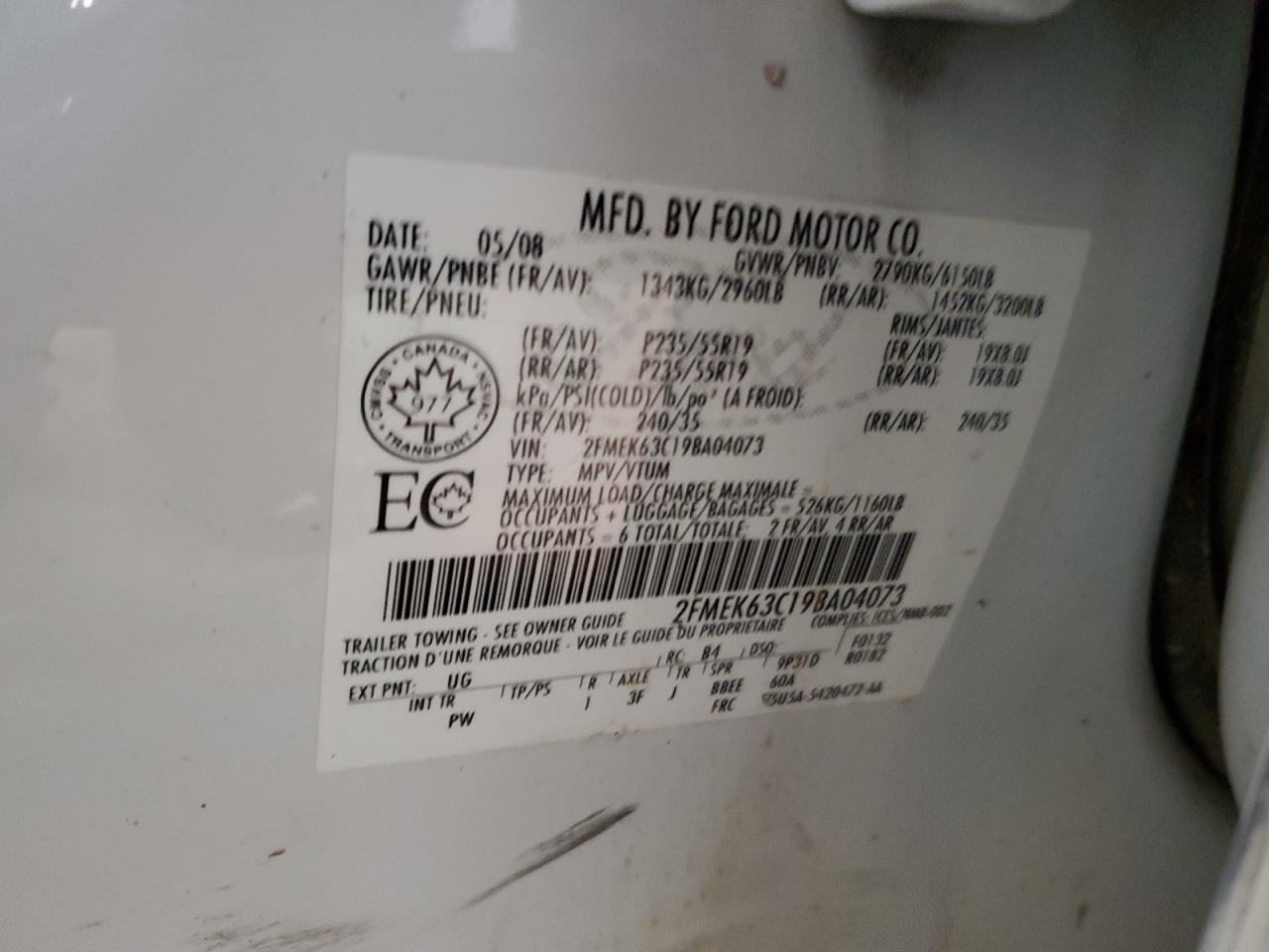 2009 Ford Flex VIN 2FMEK63C19BA04073 Copart auction photo, rear end / front end damage thumbnail 13