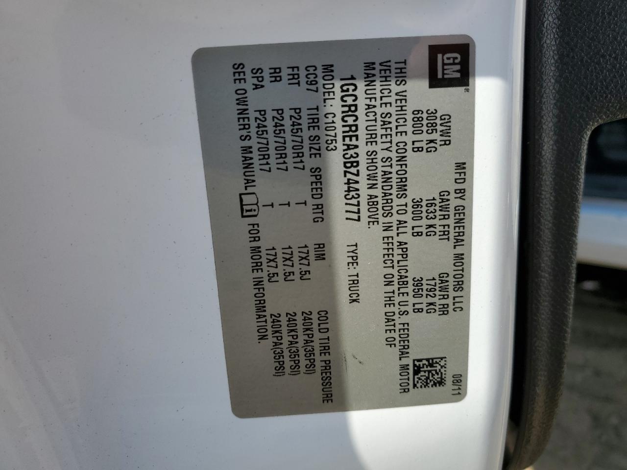 2011 Chevrolet Silverado VIN 1GCRCREA3BZ443777 Copart auction photo, front end damage thumbnail 12