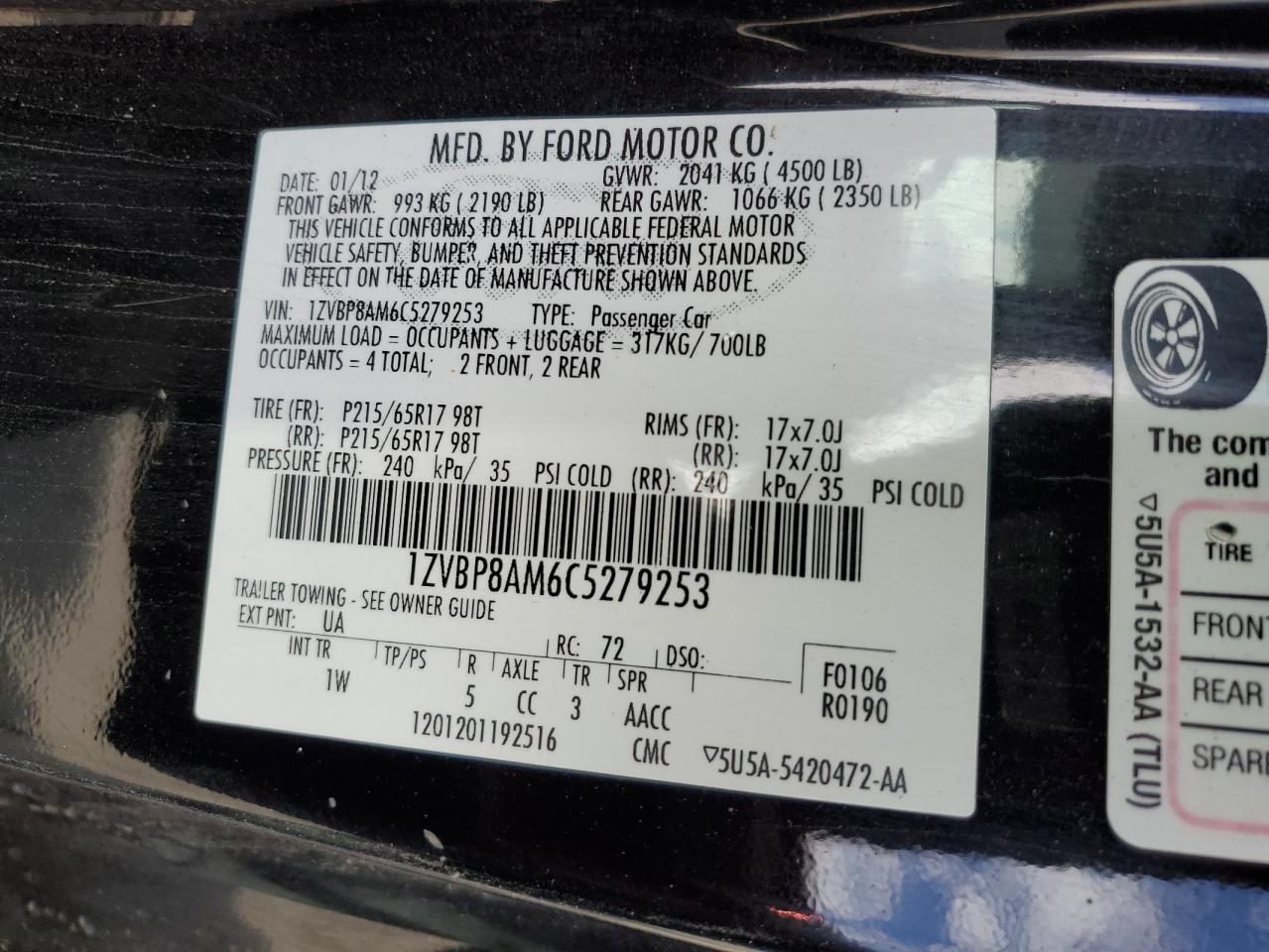 2012 Ford Mustang VIN 1ZVBP8AM6C5279253 Copart auction photo, front end damage thumbnail 14
