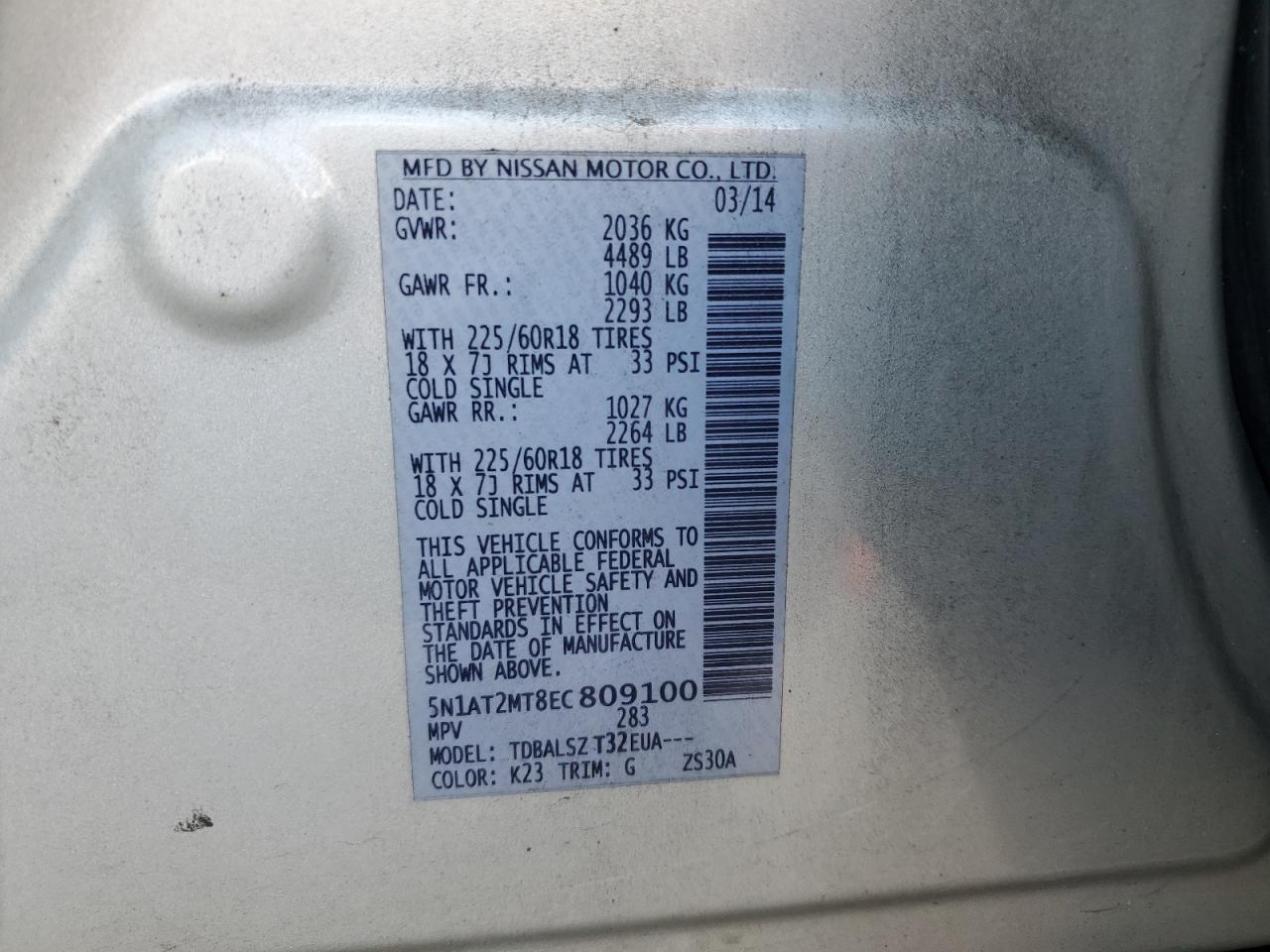 2014 Nissan Rogue VIN 5N1AT2MT8EC809100 Copart auction photo, front end damage thumbnail 13