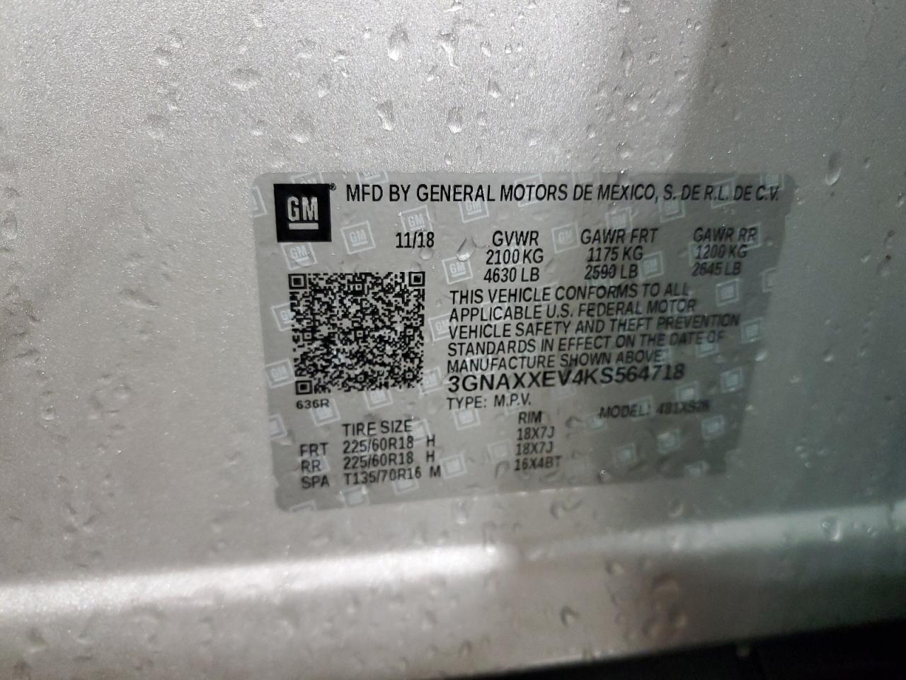 2019 Chevrolet Equinox VIN 3GNAXXEV4KS564718 Copart auction photo, rear end / front end damage thumbnail 14