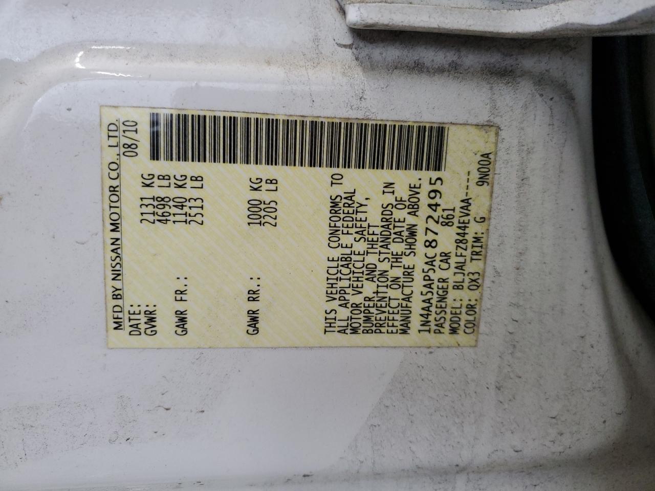 2010 Nissan Maxima VIN 1N4AA5AP5AC872495 Copart auction photo, front end / minor dent/scratches damage thumbnail 13