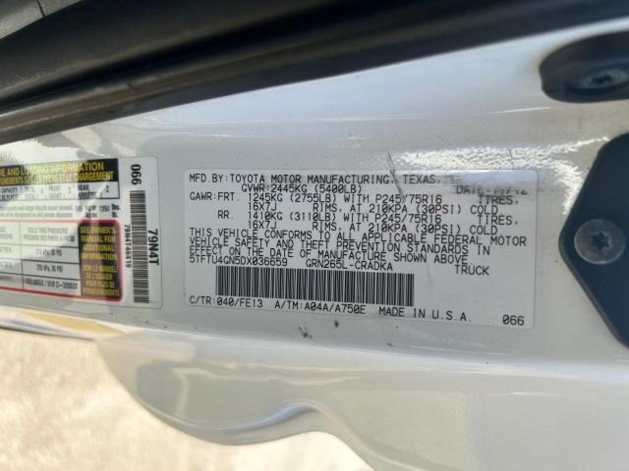 2013 Toyota Tacoma VIN 5TFTU4GN5DX036659 Copart auction photo, side / damage history damage thumbnail 10
