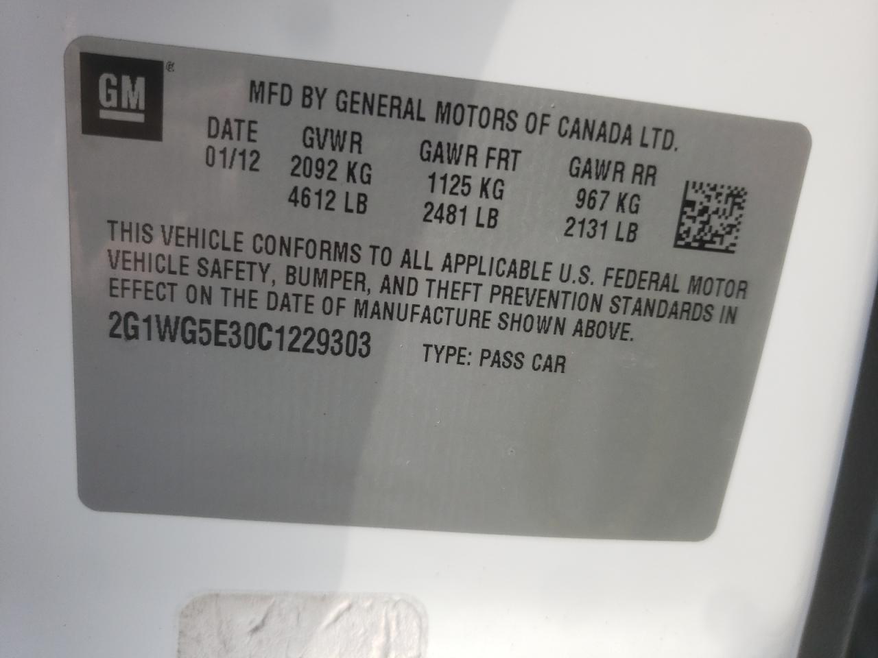 2012 Chevrolet Impala VIN 2G1WG5E30C1229303 Copart auction photo, side / minor dent/scratches damage thumbnail 12