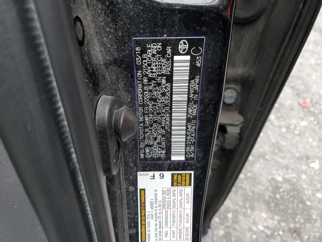 2018 Toyota Prius VIN JTDKARFU9J3058368 Copart auction photo, front end / side damage thumbnail 10