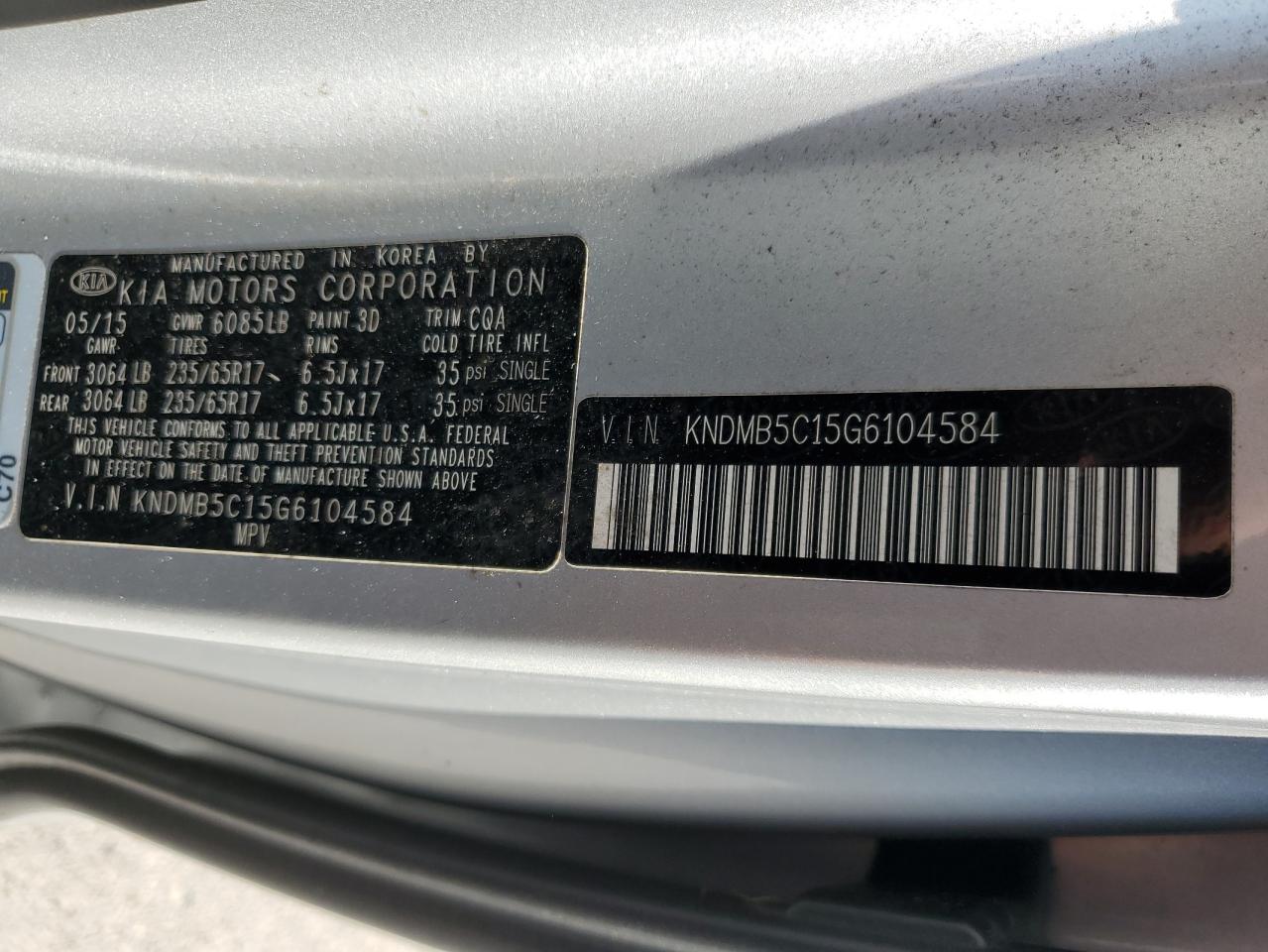 2016 KIA Sedona VIN KNDMB5C15G6104584 Copart auction photo, mechanical damage thumbnail 13