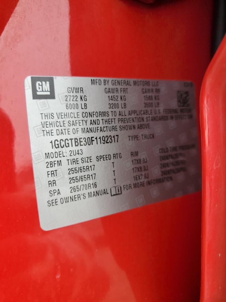 2015 Chevrolet Colorado VIN 1GCGTBE30F1192317 Copart auction photo, front end / rear end damage thumbnail 13