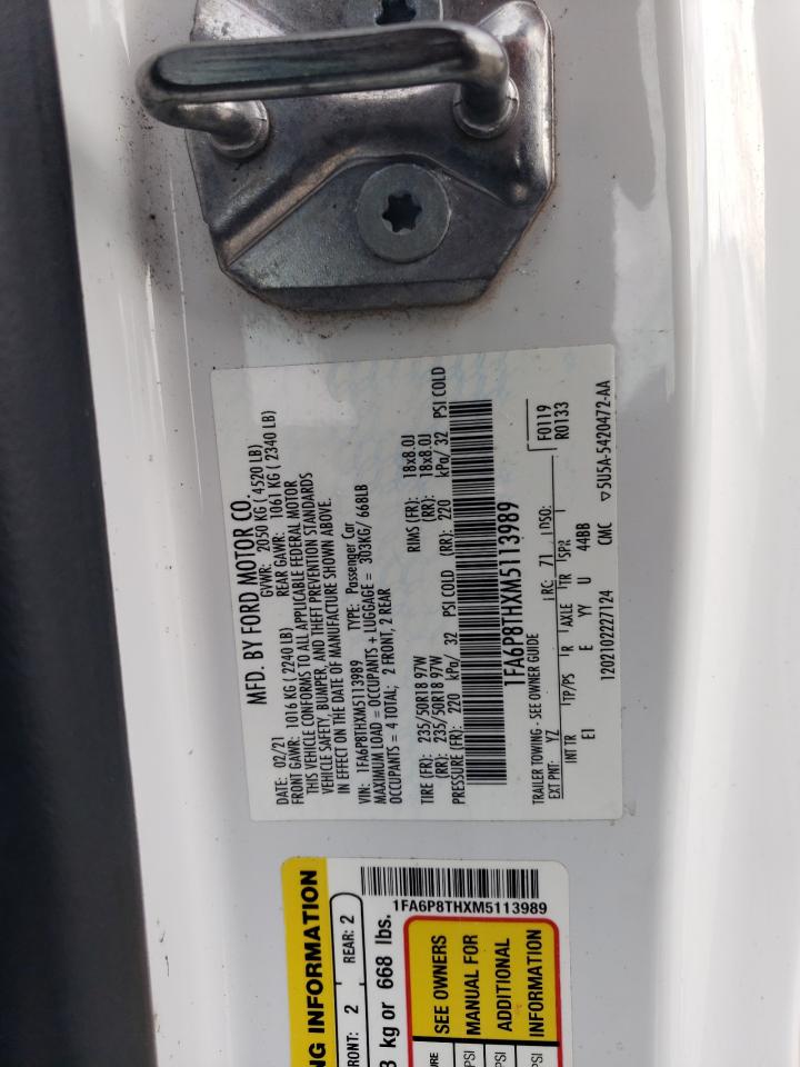 2021 Ford Mustang VIN 1FA6P8THXM5113989 Copart auction photo, all over damage thumbnail 12