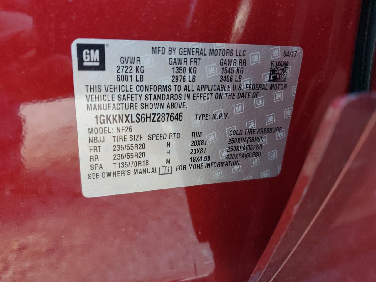 2017 GMC Acadia VIN 1GKKNXLS6HZ287646 Copart auction photo, water/flood / minor dent/scratches damage thumbnail 14