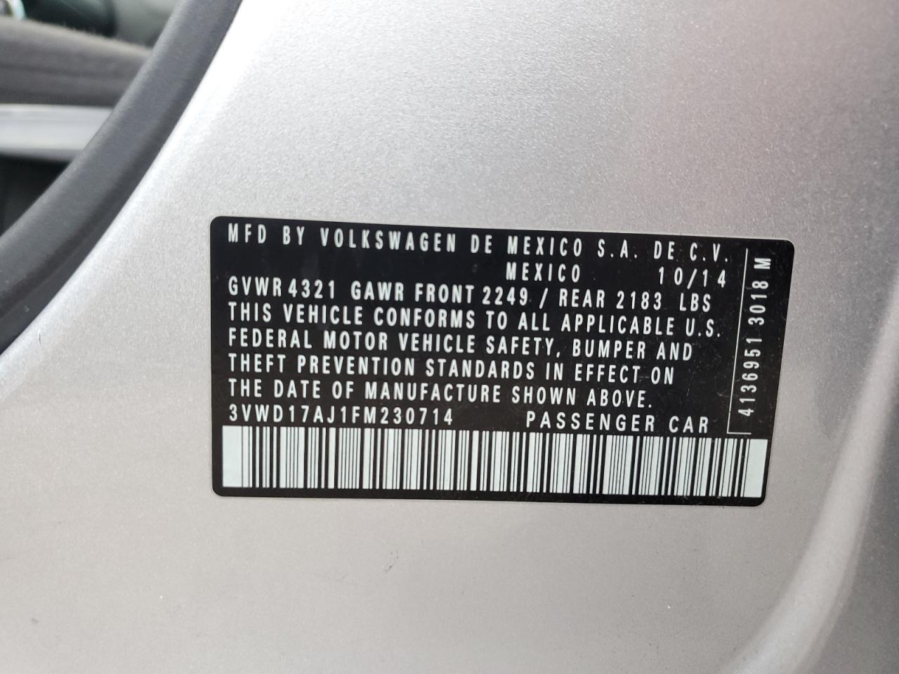 2015 Volkswagen Jetta VIN 3VWD17AJ1FM230714 Copart auction photo, front end / side damage thumbnail 14