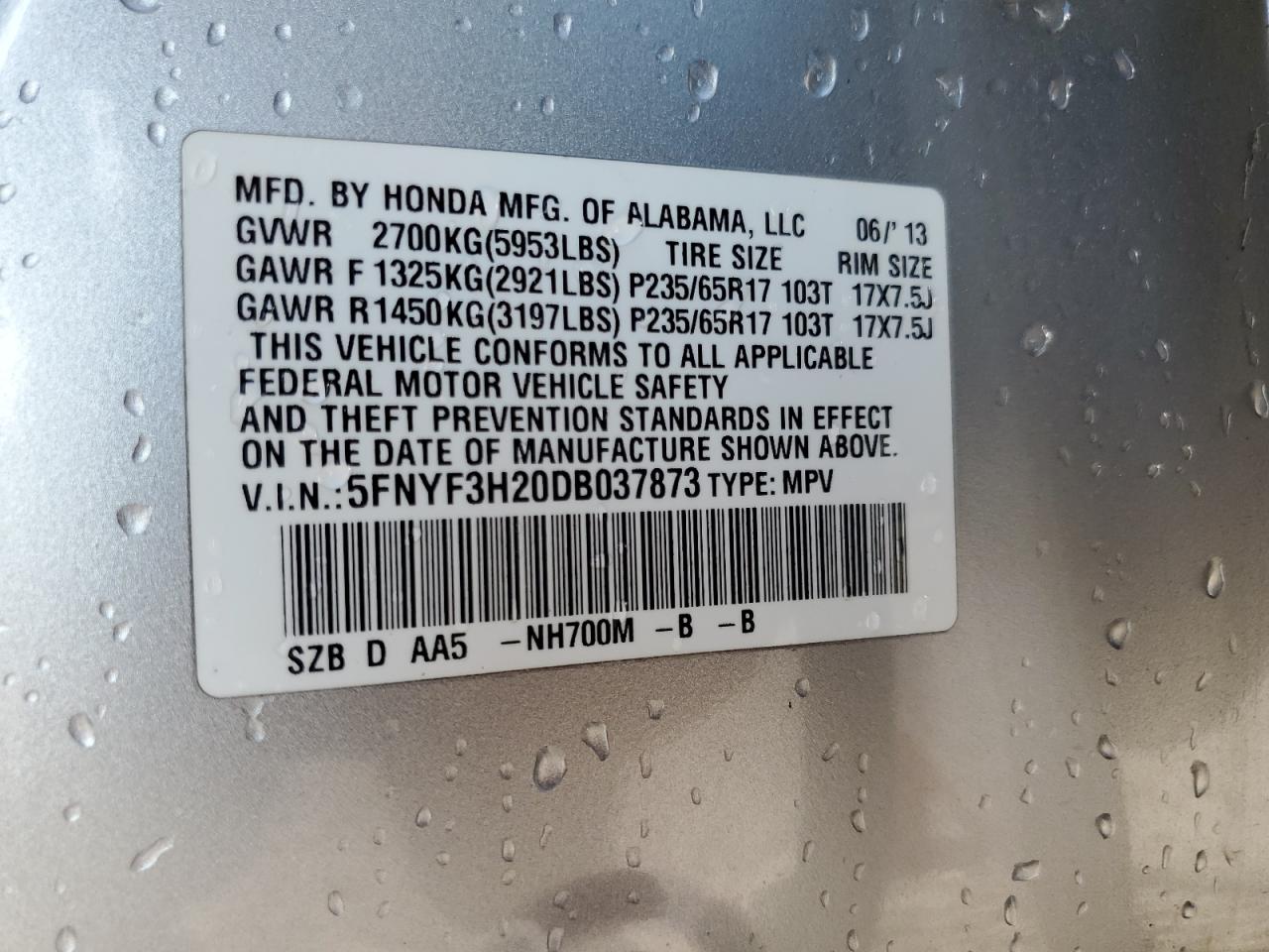 2013 Honda Pilot VIN 5FNYF3H20DB037873 Copart auction photo, rear end / side damage thumbnail 13