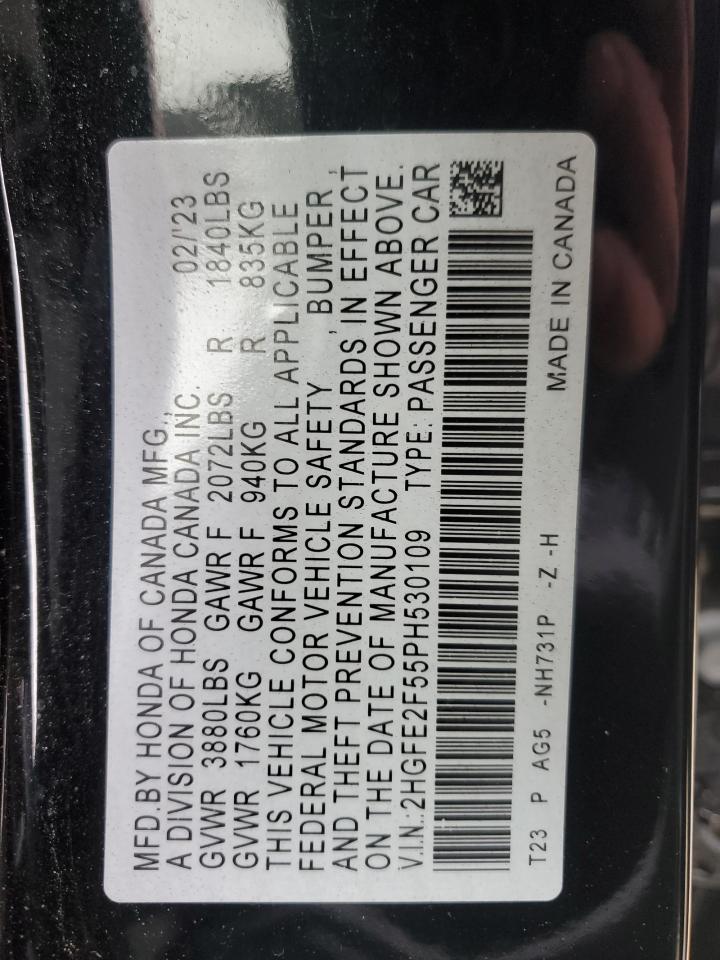 2023 Honda Civic VIN 2HGFE2F55PH530109 Copart auction photo, front end damage thumbnail 12
