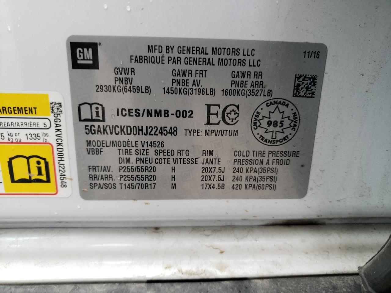 2017 Buick Enclave VIN 5GAKVCKD0HJ224548 Copart auction photo, front end / undercarriage damage thumbnail 14