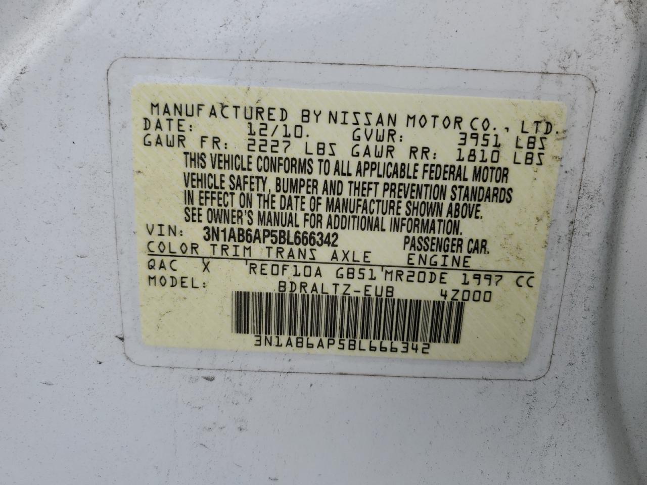 2011 Nissan Sentra VIN 3N1AB6AP5BL666342 Copart auction photo, water/flood damage thumbnail 12