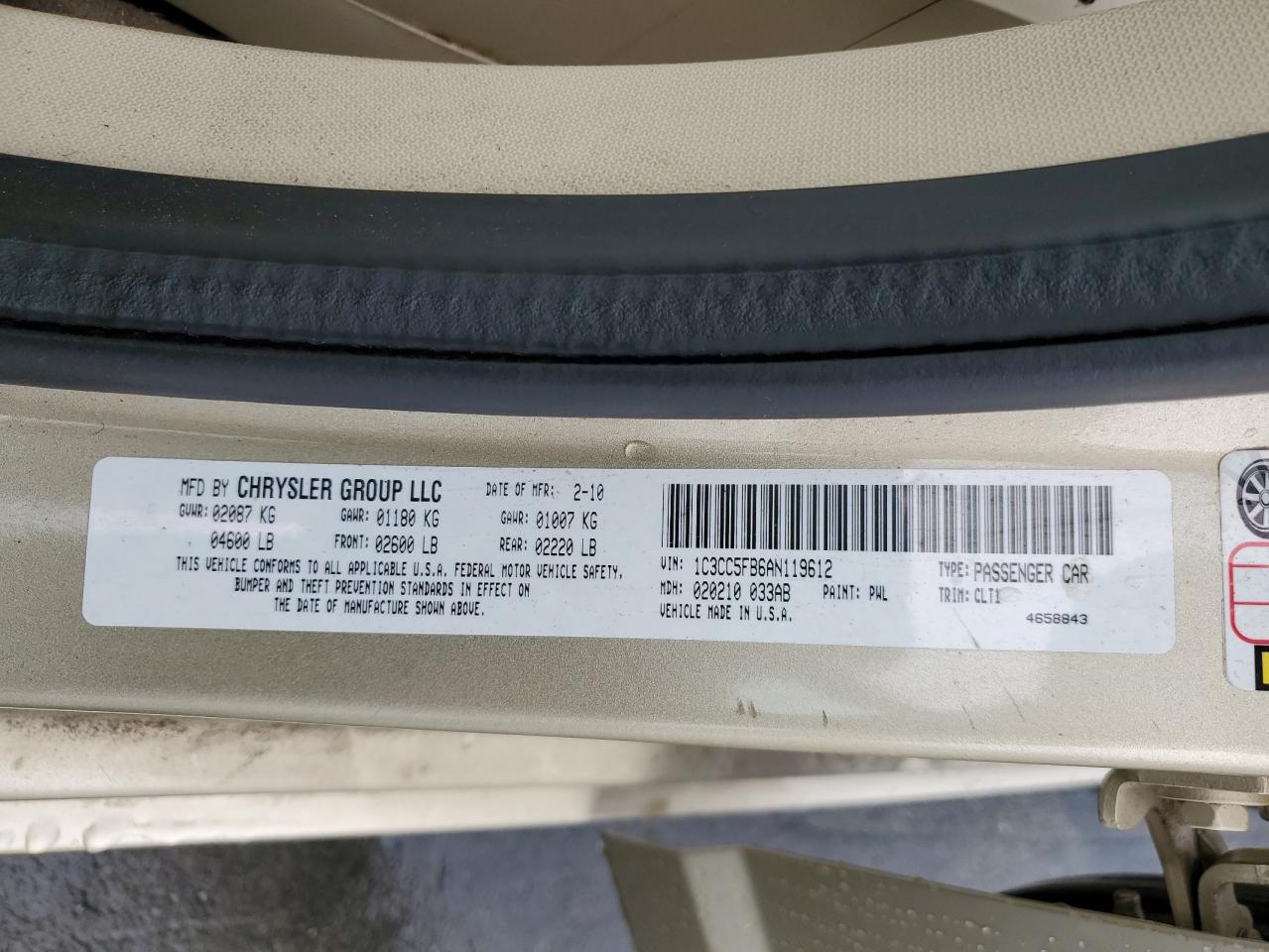 2010 Chrysler Sebring VIN 1C3CC5FB6AN119612 Copart auction photo, vandalism damage thumbnail 12