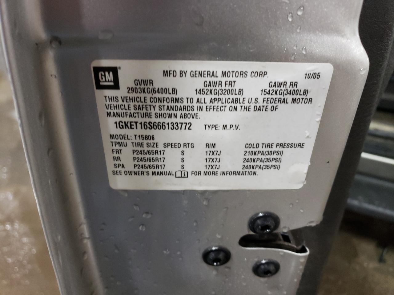 2006 GMC Envoy VIN 1GKET16S666133772 Copart auction photo, front end damage thumbnail 14