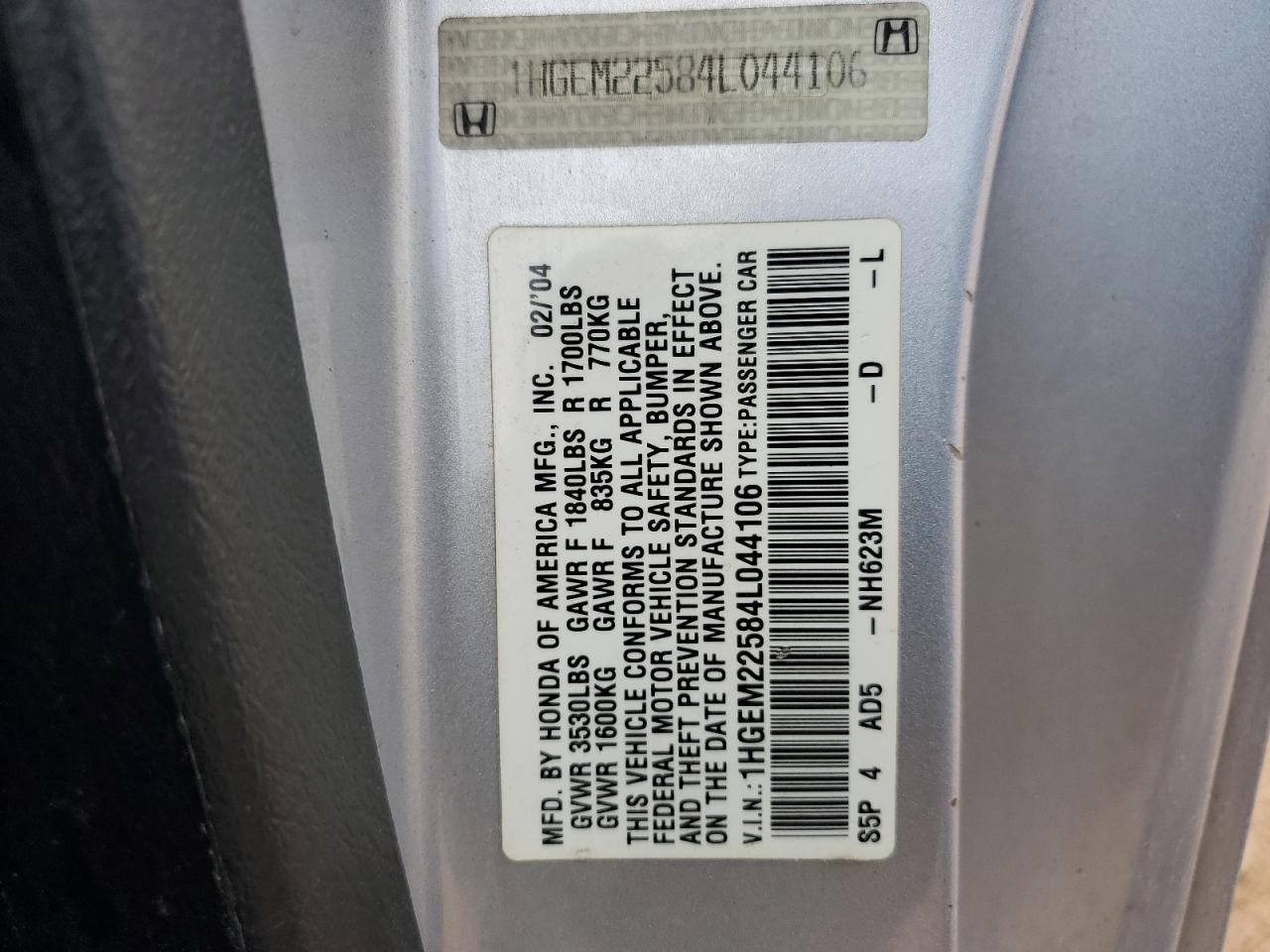 2004 Honda Civic VIN 1HGEM22584L044106 Copart auction photo, front end / minor dent/scratches damage thumbnail 14