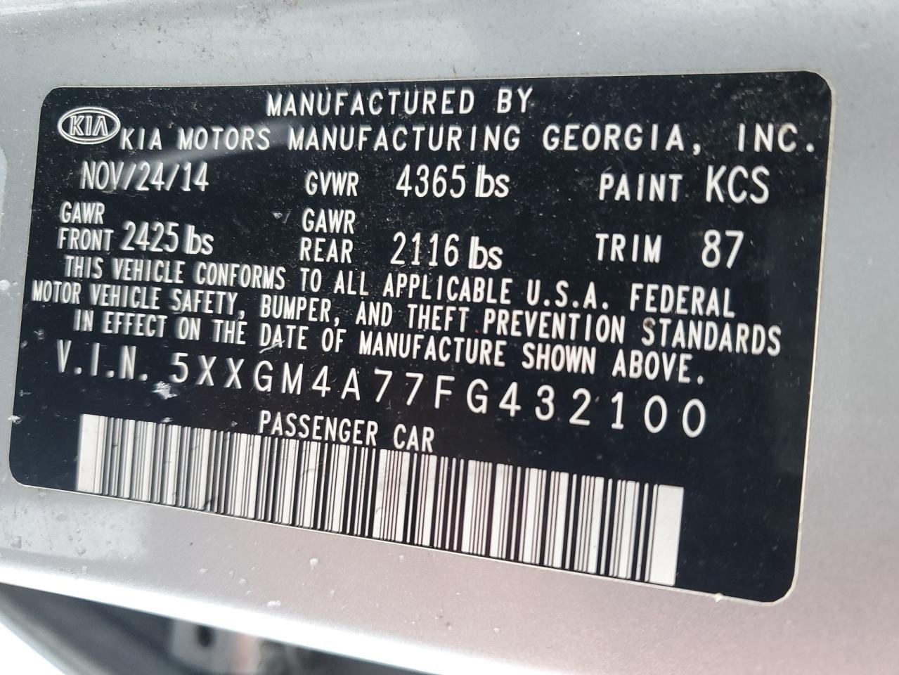 2015 KIA Optima VIN 5XXGM4A77FG432100 Copart auction photo, rear end damage thumbnail 12