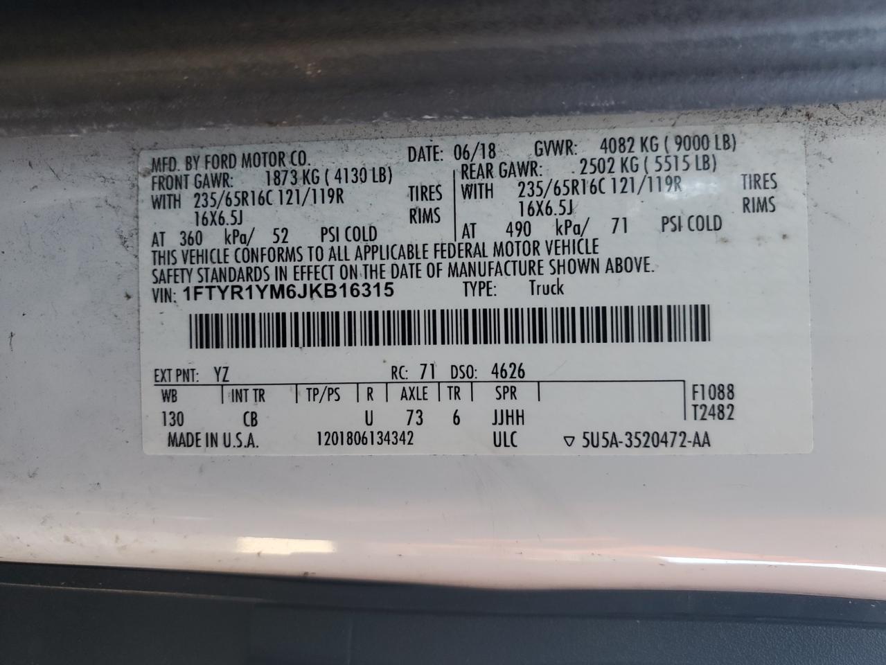 2018 Ford Transit VIN 1FTYR1YM6JKB16315 Copart auction photo, front end / rear end damage thumbnail 13