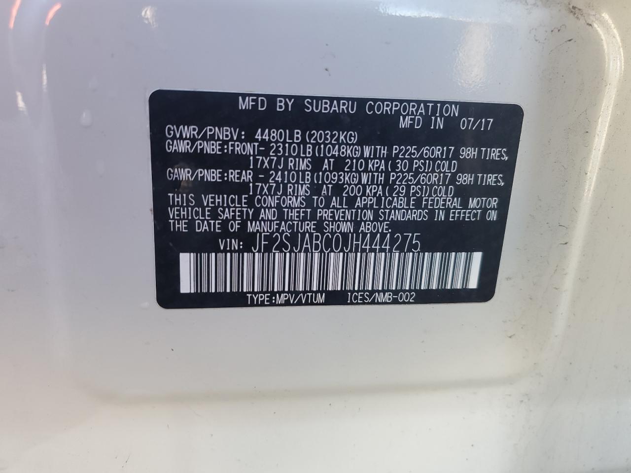2018 Subaru Forester VIN JF2SJABC0JH444275 Copart auction photo, all over damage thumbnail 13