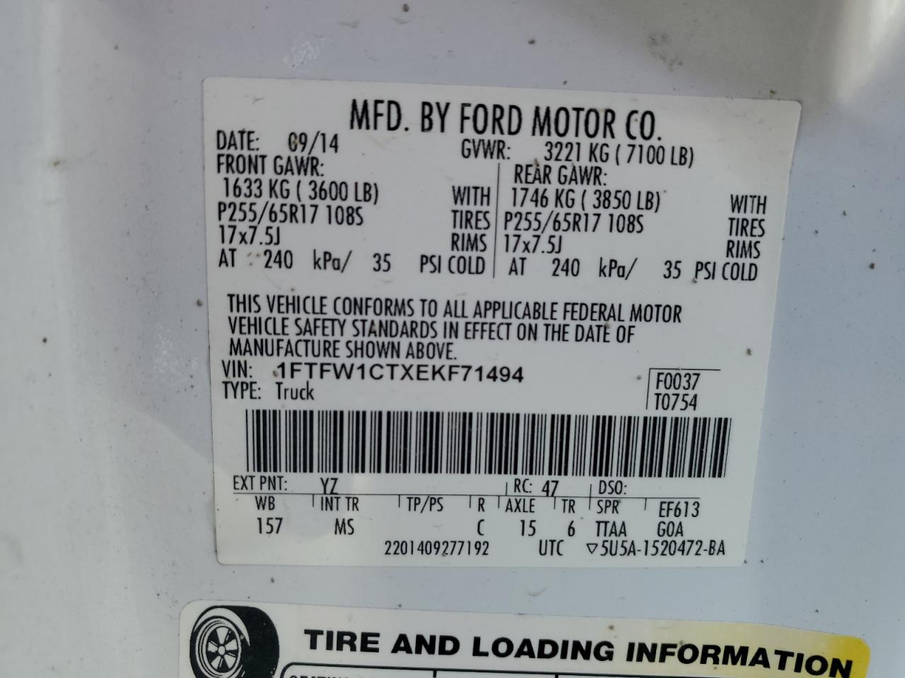 2014 Ford F-150 VIN 1FTFW1CTXEKF71494 Copart auction photo, front end damage thumbnail 12