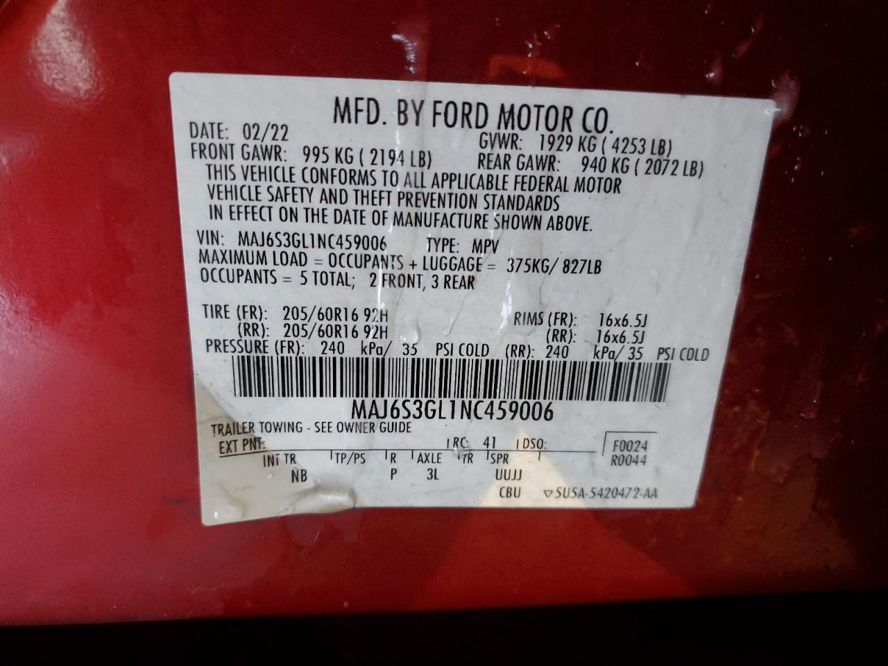 2022 Ford EcoSport VIN MAJ6S3GL1NC459006 Copart auction photo, front end / side damage thumbnail 13
