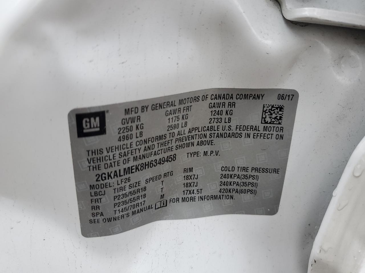2017 GMC Terrain VIN 2GKALMEK8H6349458 Copart auction photo, front end / side damage thumbnail 15