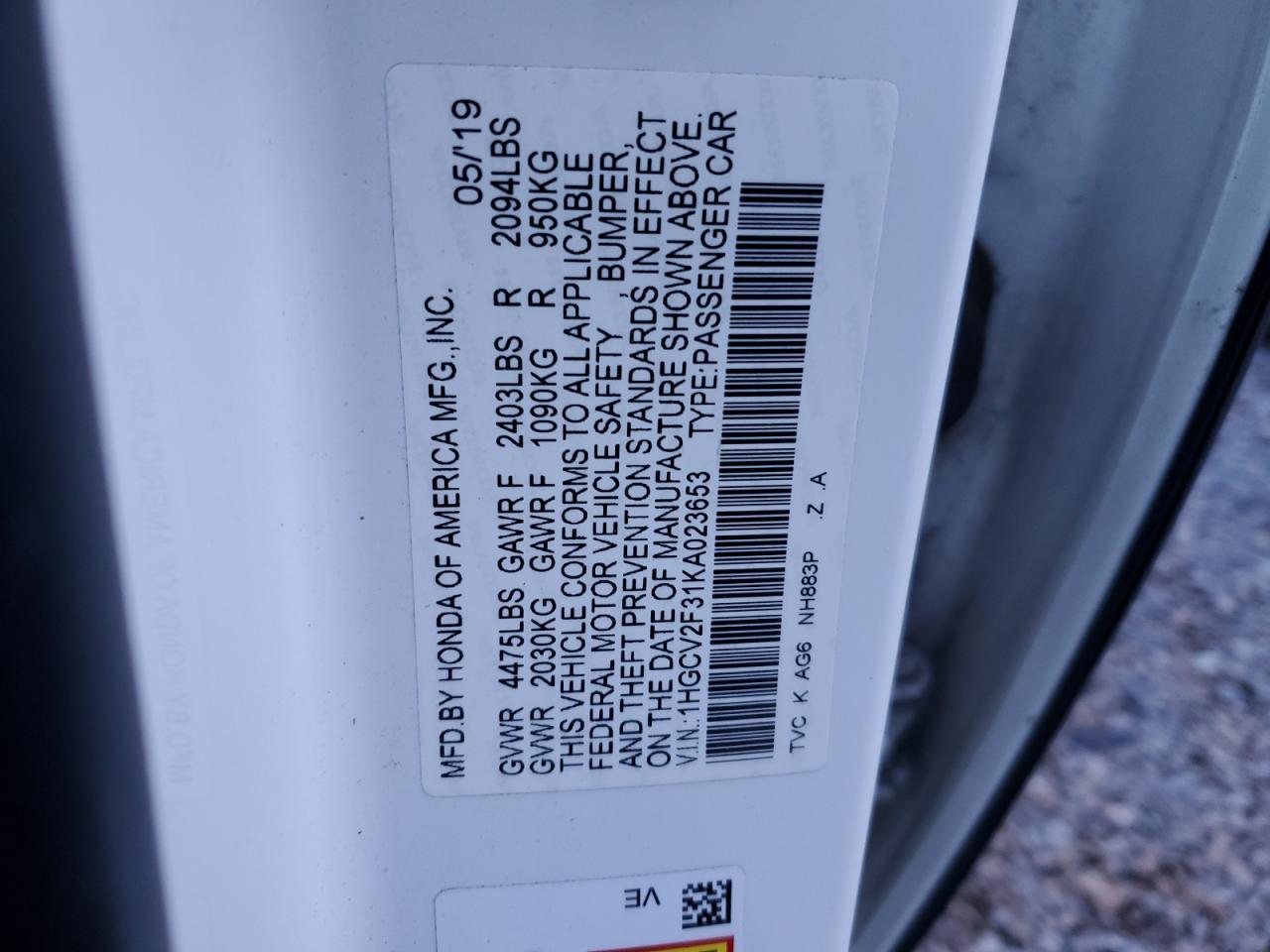 2019 Honda Accord VIN 1HGCV2F31KA023653 Copart auction photo, front end damage thumbnail 12