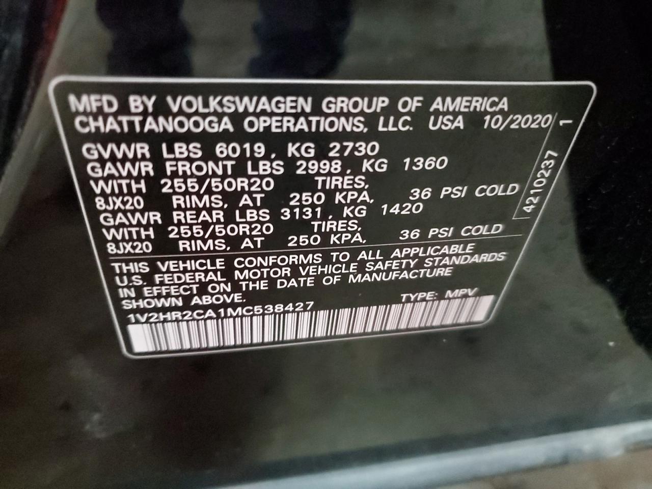 2021 Volkswagen Atlas VIN 1V2HR2CA1MC538427 Copart auction photo, rear end / side damage thumbnail 13