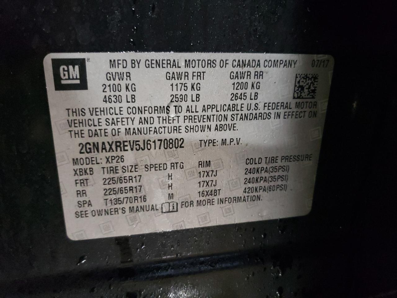 2018 Chevrolet Equinox VIN 2GNAXREV5J6170802 Copart auction photo, rear end damage thumbnail 12
