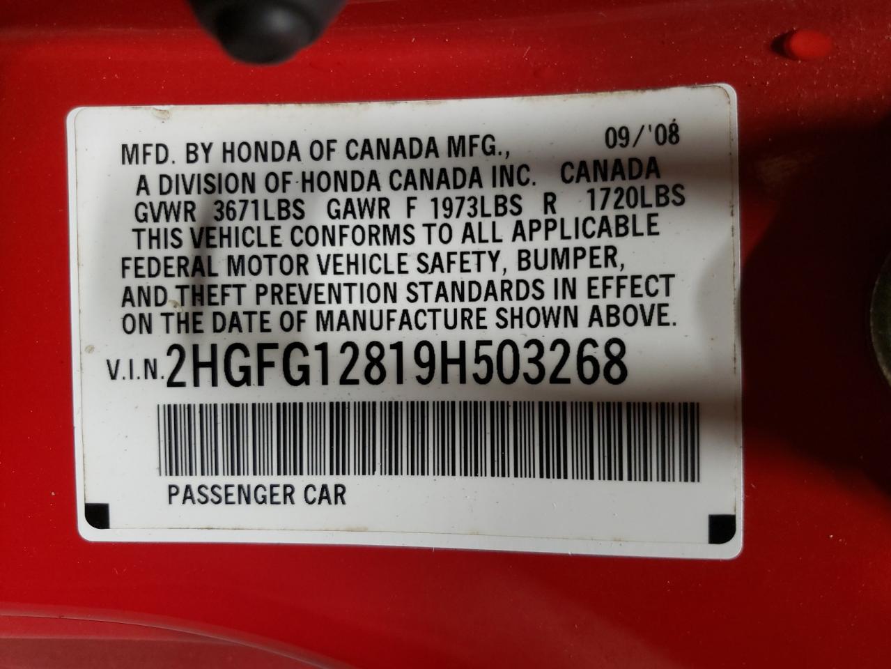 2009 Honda Civic VIN 2HGFG12819H503268 Copart auction photo, undercarriage / front end damage thumbnail 14